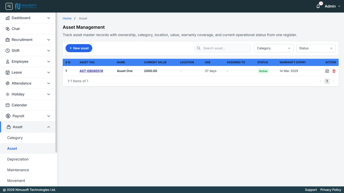 Nimu HR asset management overview showing asset tag, asset name, current value, location, asset age, assigned employee, status, and warranty expiry