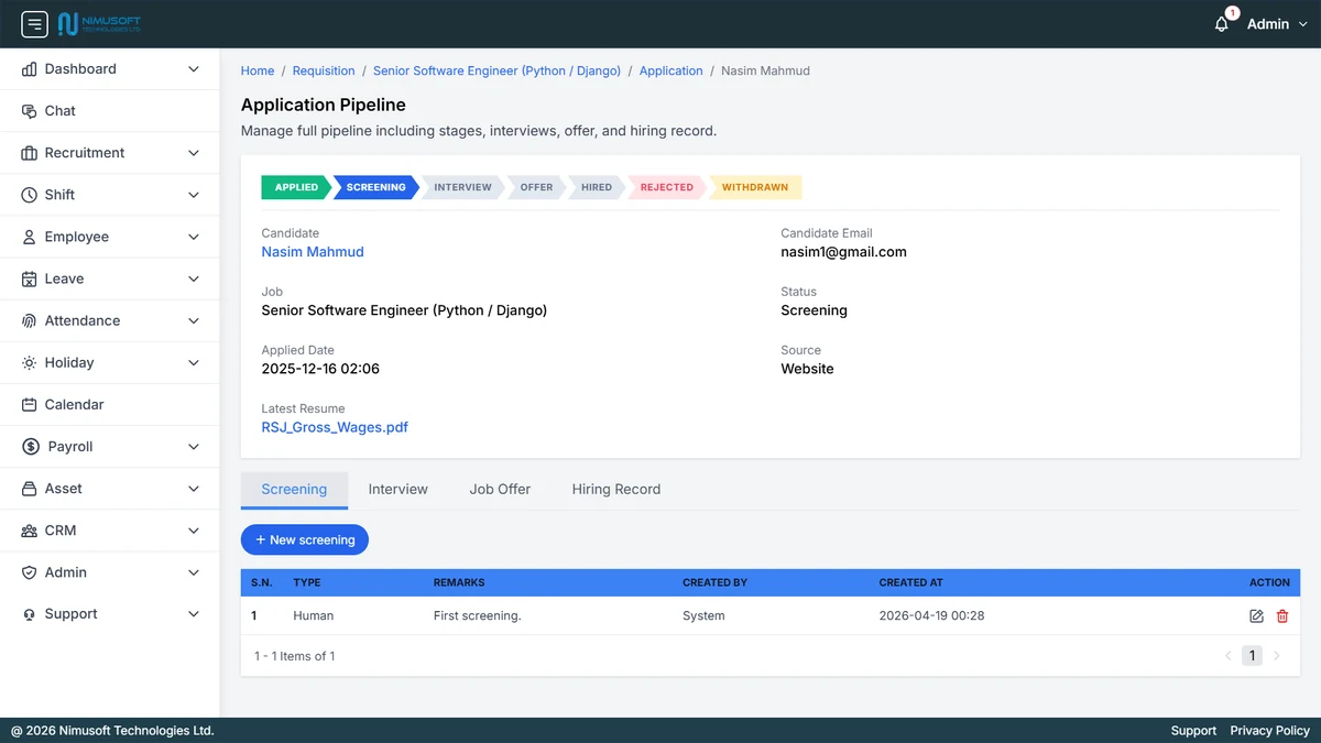 Nimu HR applicant tracking system showing application pipeline, candidate details, job title, screening status, and recruitment workflow tabs