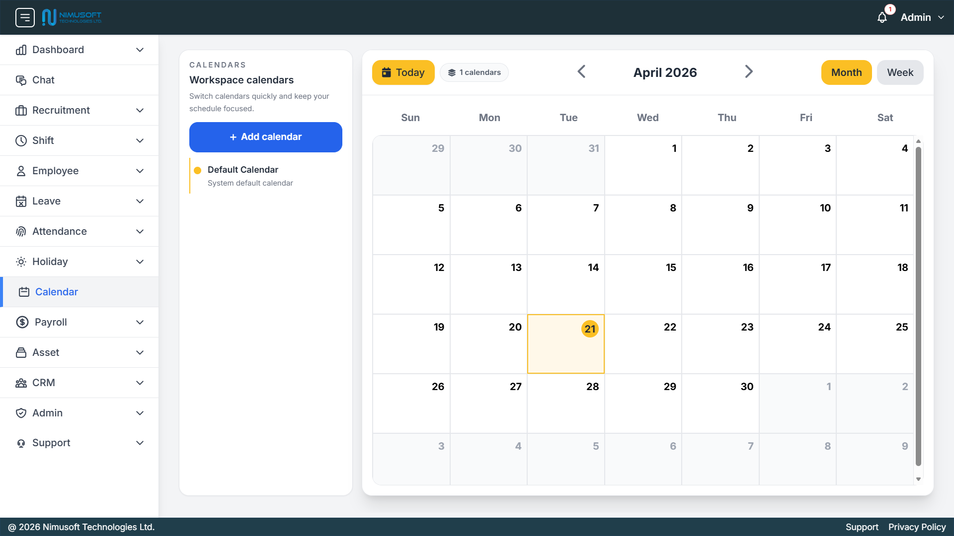 Nimu HR calendar management software showing workspace calendars, monthly calendar grid, add calendar action, and shared schedule visibility