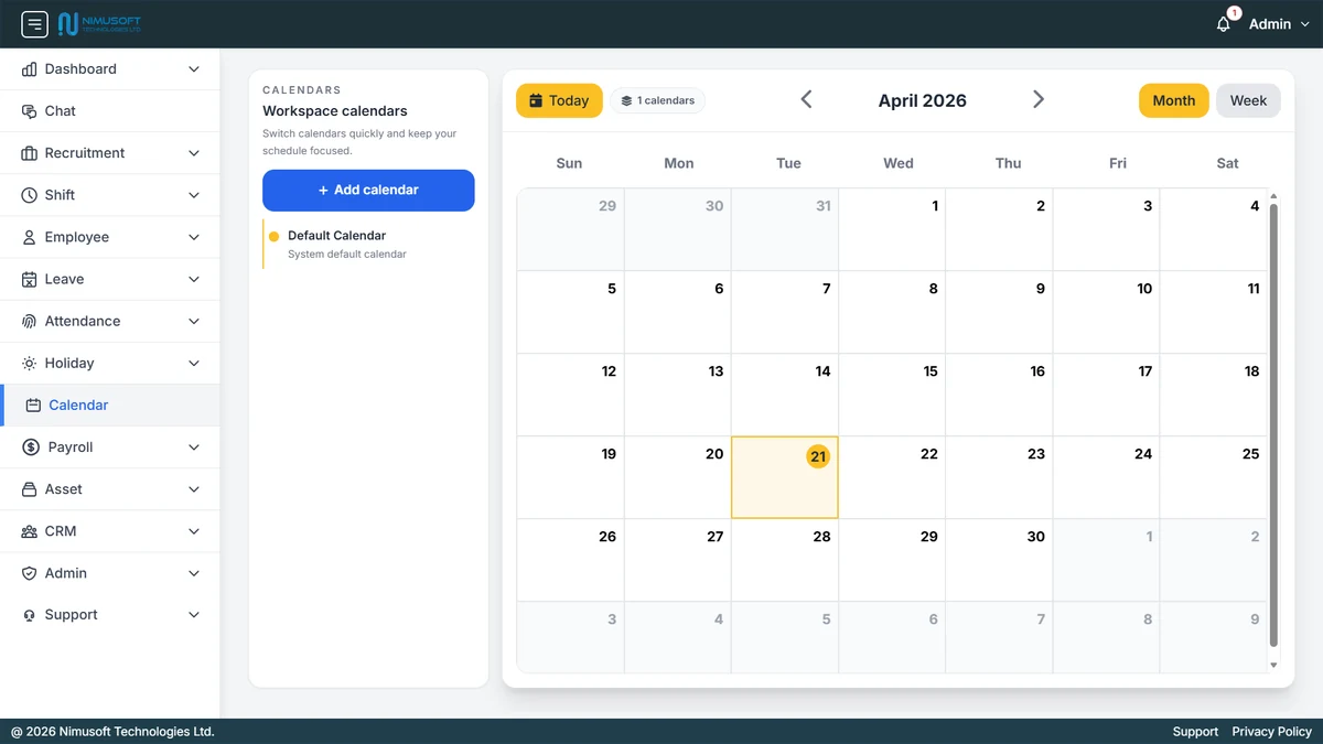 Nimu HR calendar management software showing workspace calendars, monthly calendar grid, add calendar action, and shared schedule visibility
