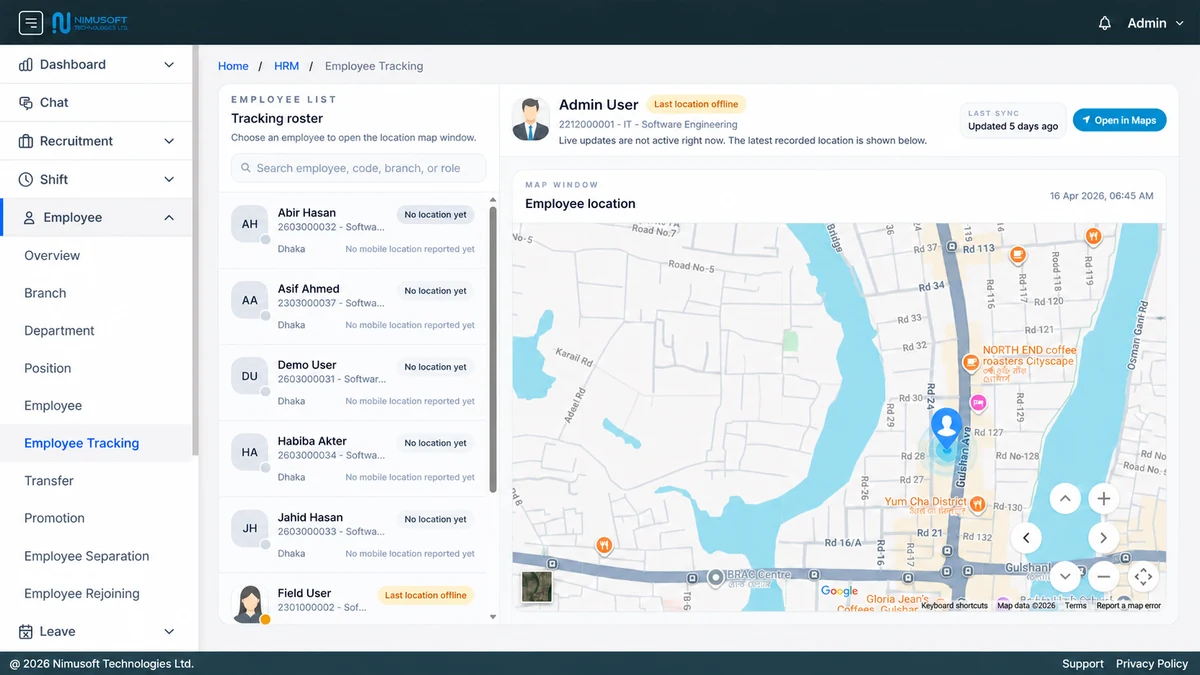 Nimu HR employee tracking system showing generic Admin and Field User avatars with a live employee location pin on the map