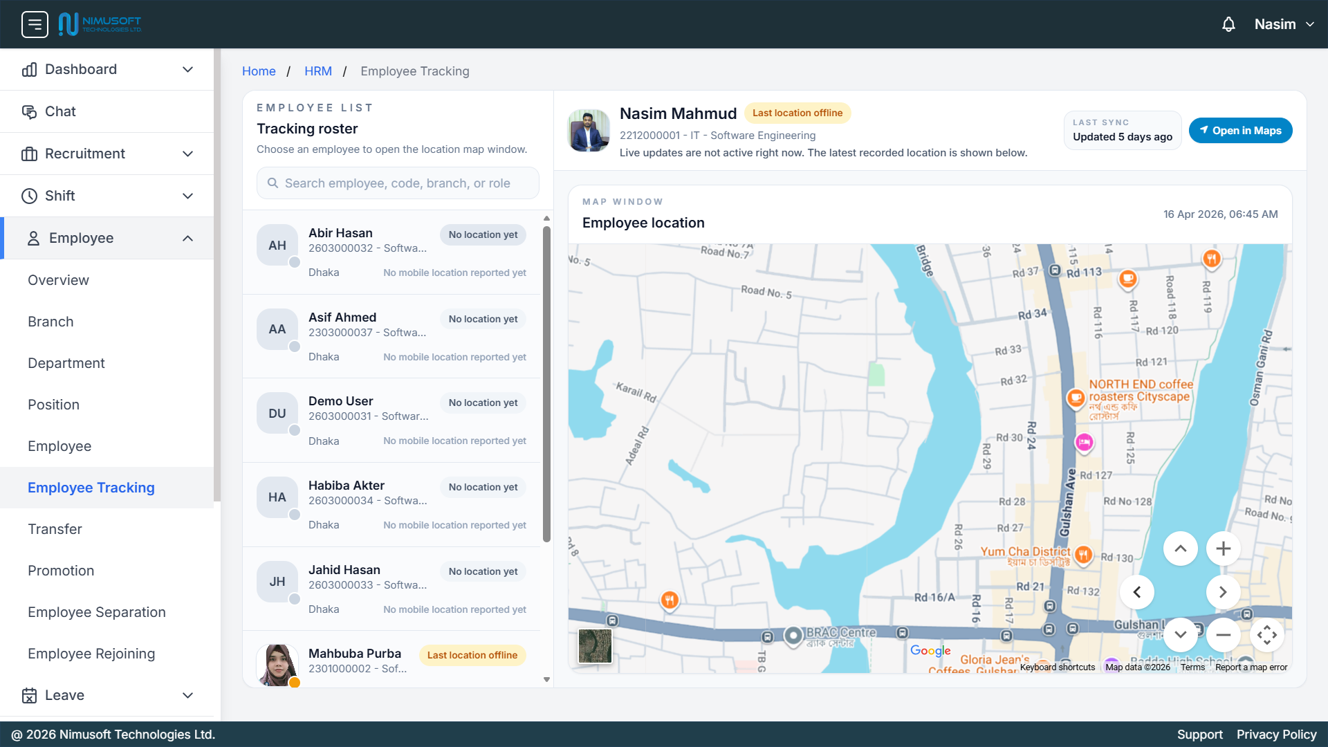 Nimu HR employee tracking system showing tracking roster, employee list, last known location, map view, sync status, and open in maps action
