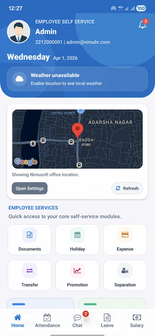 Nimu HR employee self service mobile app showing a generic Admin avatar, location map, and employee services