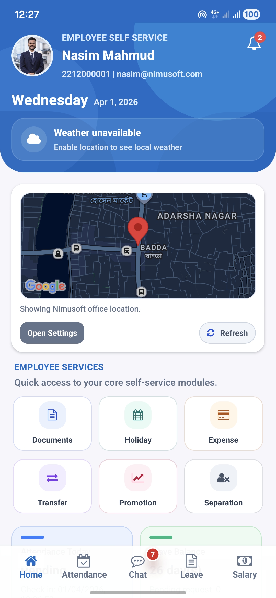 Nimu HR employee self service mobile app showing profile, location map, and employee services