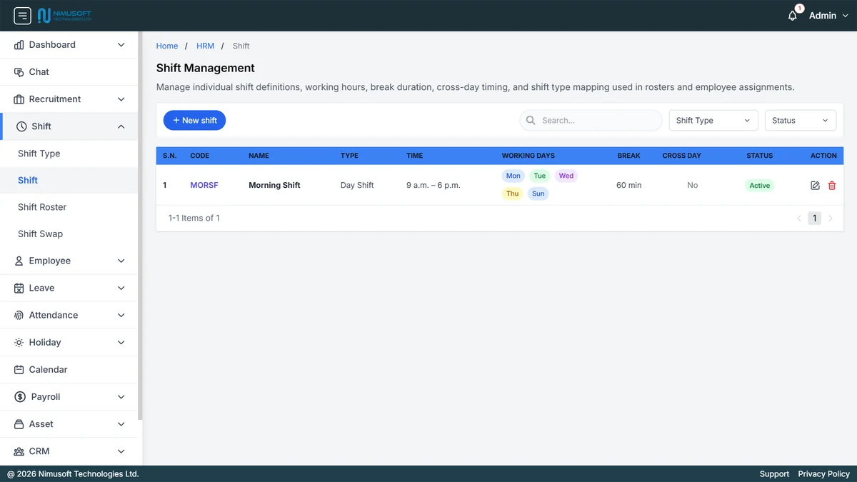 Nimu HR shift management overview showing shift code, shift name, shift type, working time, working days, break duration, cross-day status, and shift controls