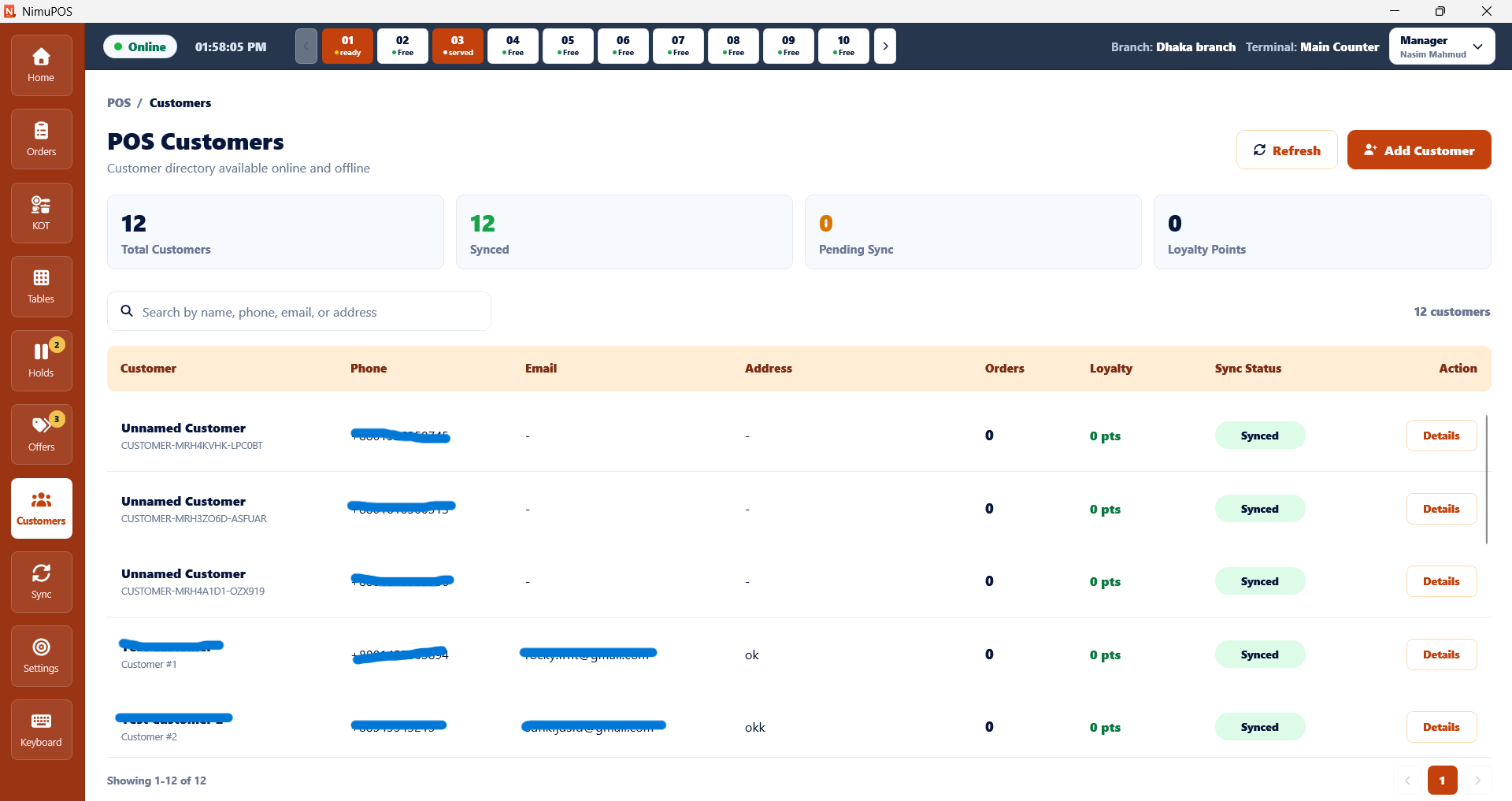 NimuPOS restaurant customer and loyalty directory with offline synchronization status