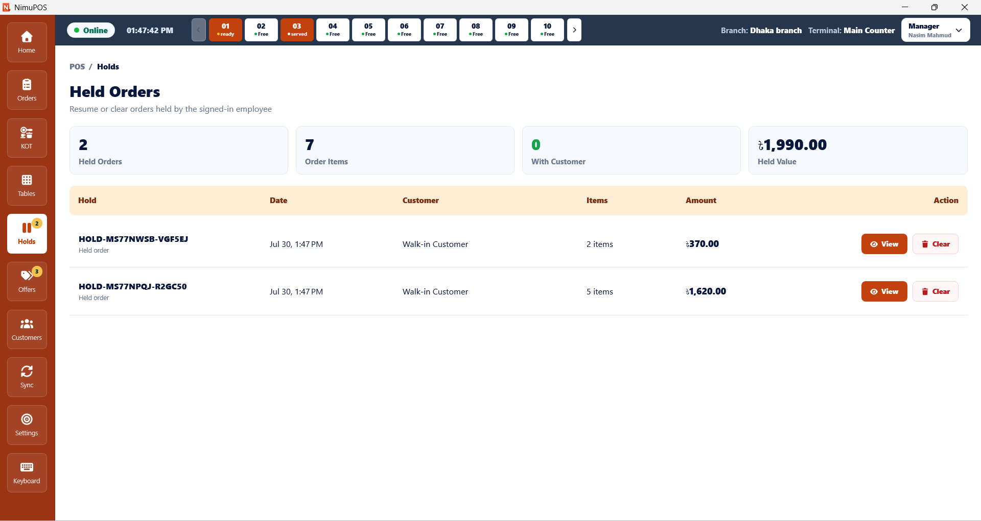 NimuPOS held order screen for viewing, resuming or clearing paused restaurant orders