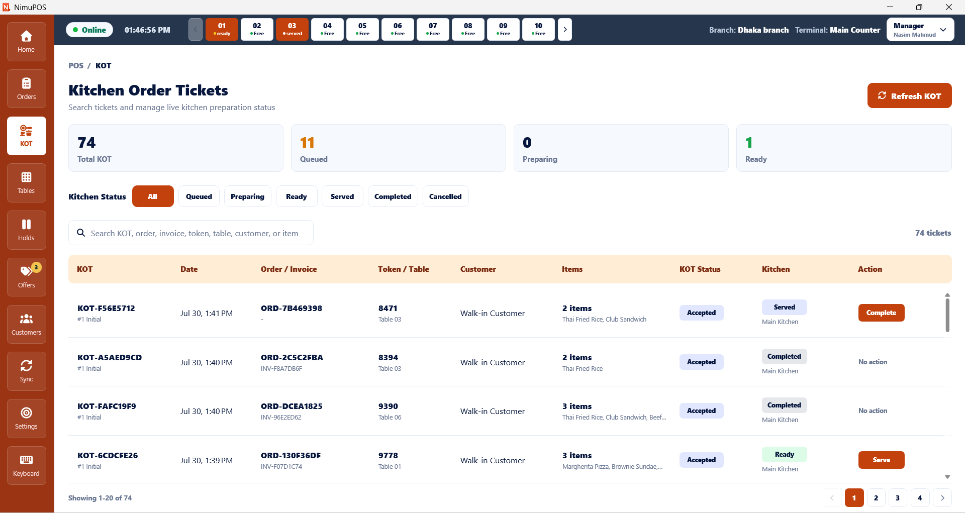 NimuPOS kitchen order ticket management screen with queued, preparing, ready and completed filters