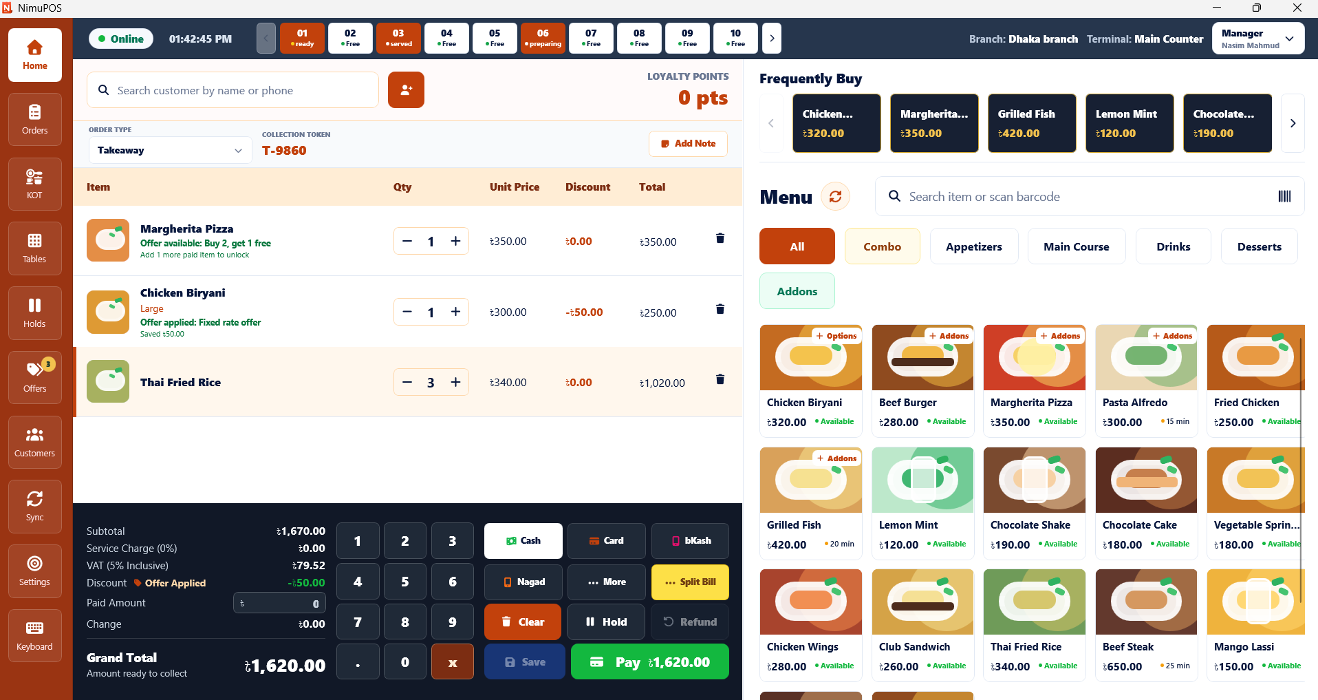 NimuPOS restaurant checkout showing cart, tables, menu, offers and payment options