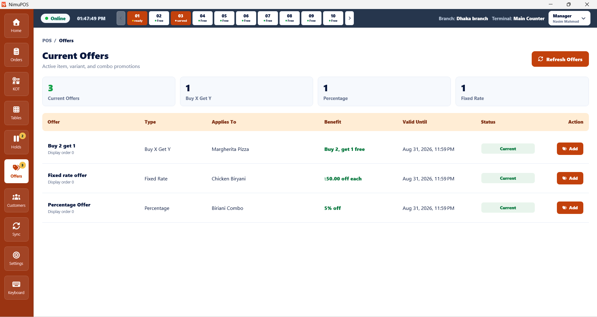 NimuPOS restaurant offer screen showing Buy X Get Y, percentage and fixed rate promotions