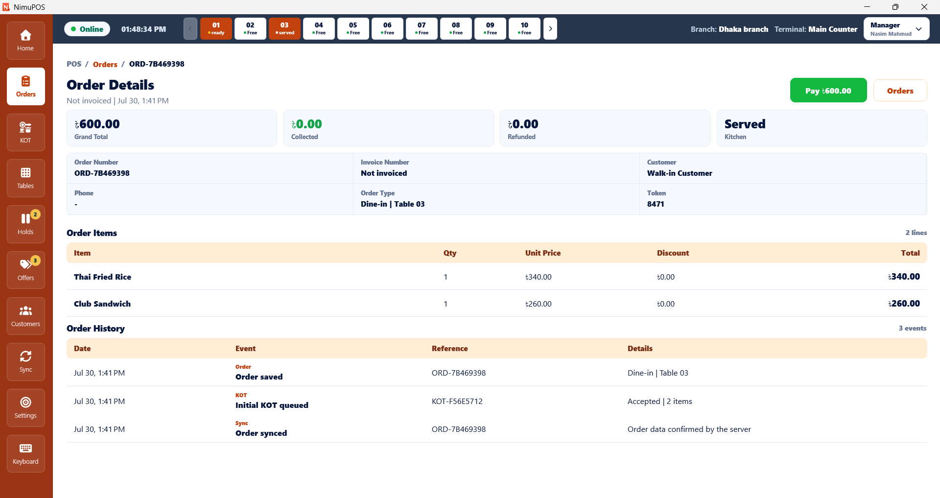 NimuPOS order details with totals, items and chronological order history