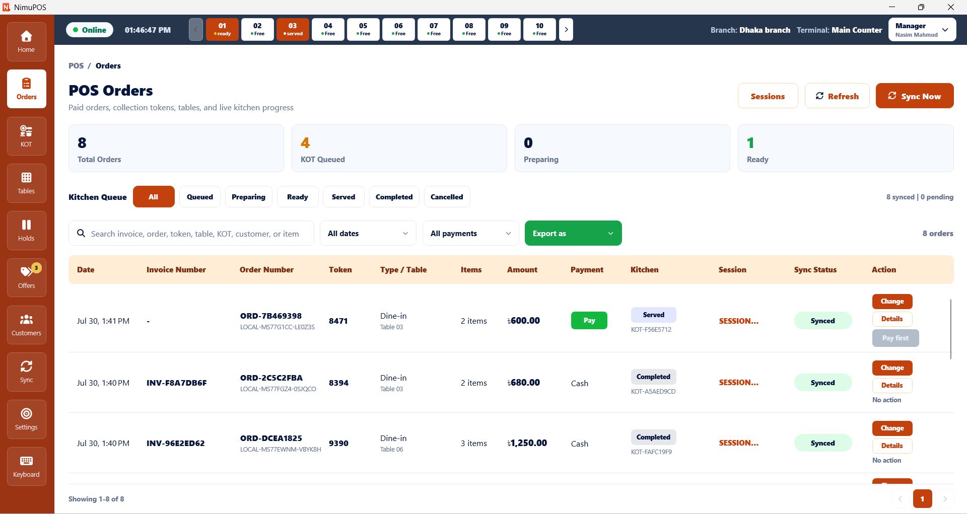 NimuPOS restaurant order management with invoices, payments, KOT and synchronization status