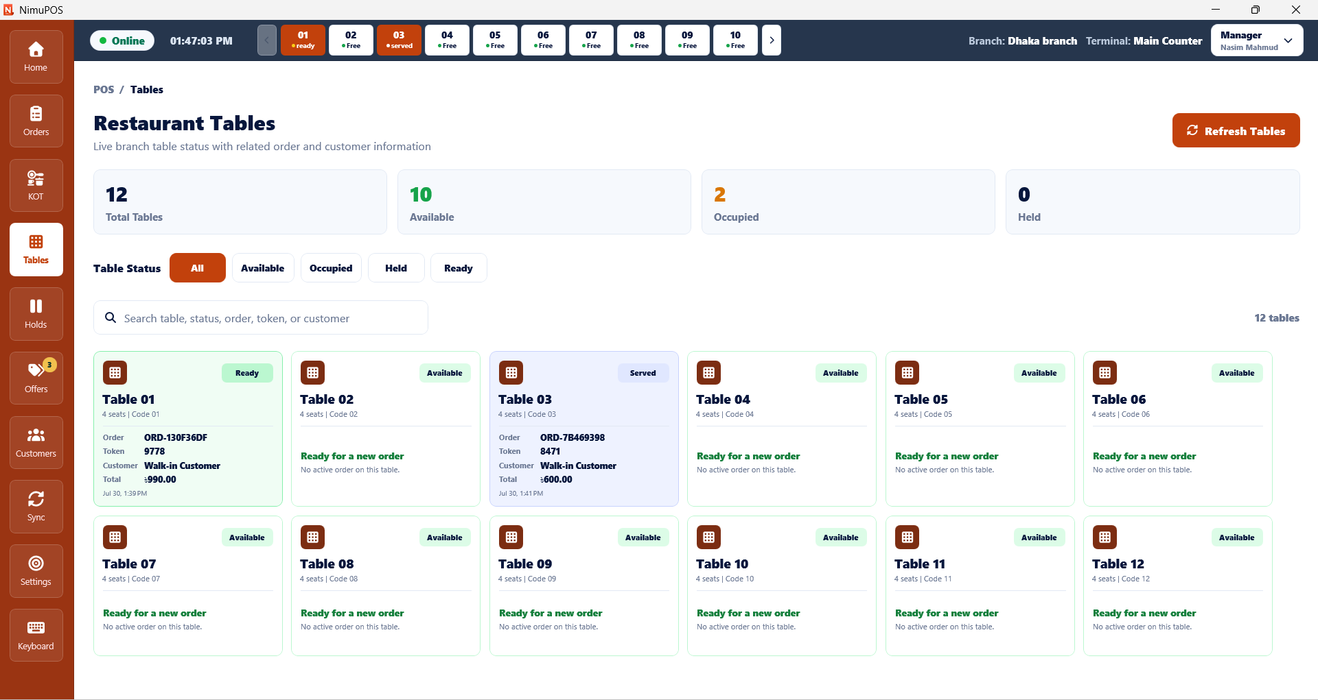 NimuPOS restaurant table management screen with table availability and active order status